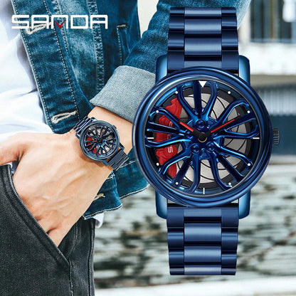 Sanda Hot Sell Fashion Sports Men WristWatch 360 Degree Rotating Car Wheel Quartz Watch Stainless Steel Waterproof Rim Hub Clock