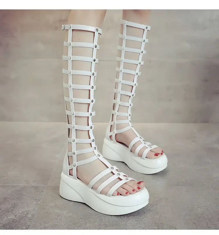 2022 Women's Summer Boots Women Shoes Fashion Cutout High Top Sandals Breathable Striped Roman Shoes Platform Boots Thigh High