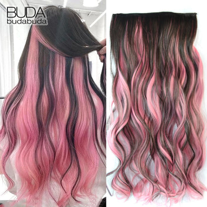 Synthetic Long Wavy 5 Clip In Hair Extensions 22Inch Synthetic Fiber Heat Resistant Hairpiece Black Pink False Hair Daily Use