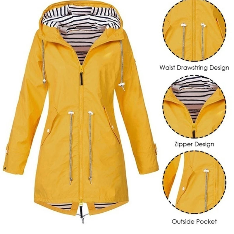 Fashionable women's windproof and waterproof trench coat Long sleeved coat Casual pants Zipper hooded raincoat S~5XL