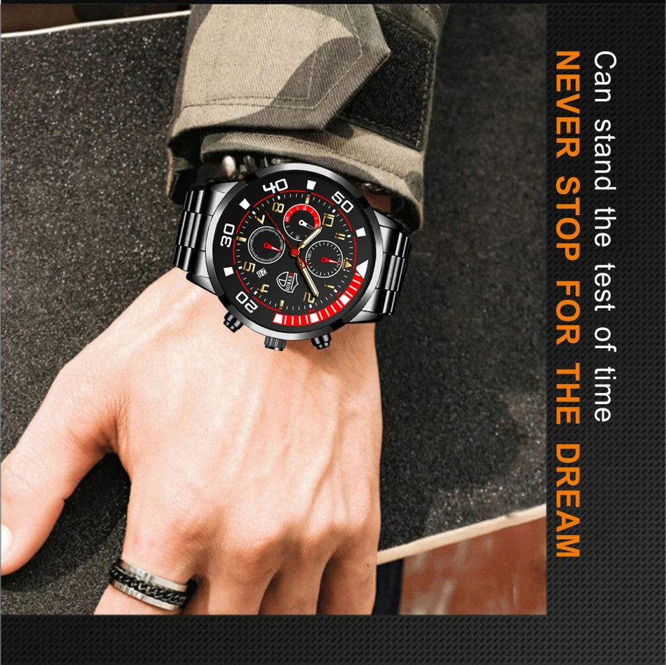 3PCS Set Fashion Mens Calendar Watches Male Casual Stainless Steel Quartz Watch Men Necklace Bracelet Wristwatch Reloj Hombre