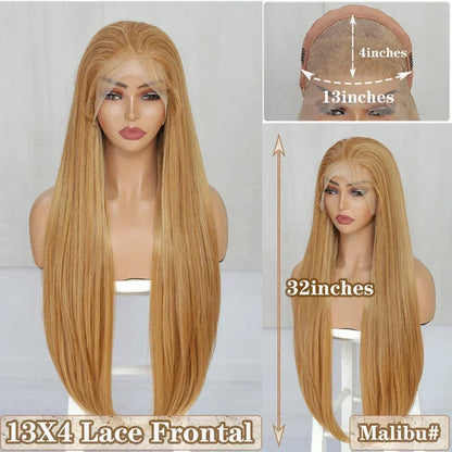 X-TRESS Long Straight Layered Wigs 13X4 Lace Frontal Free Part Synthetic Hair Wig with Baby Hair For Women 32inch Black Colored