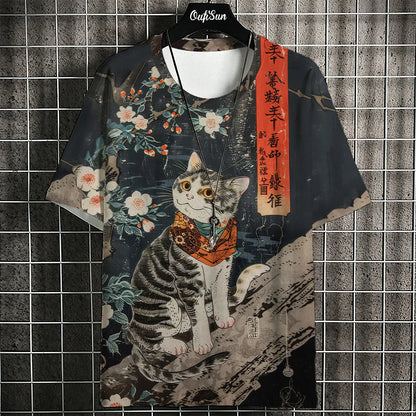 Japanese Style Men's T-Shirt Ukiyo-e Painting Animal Printed Tees Casual Loose Short Sleeve T-shirts Oversized Men Clothing Tops