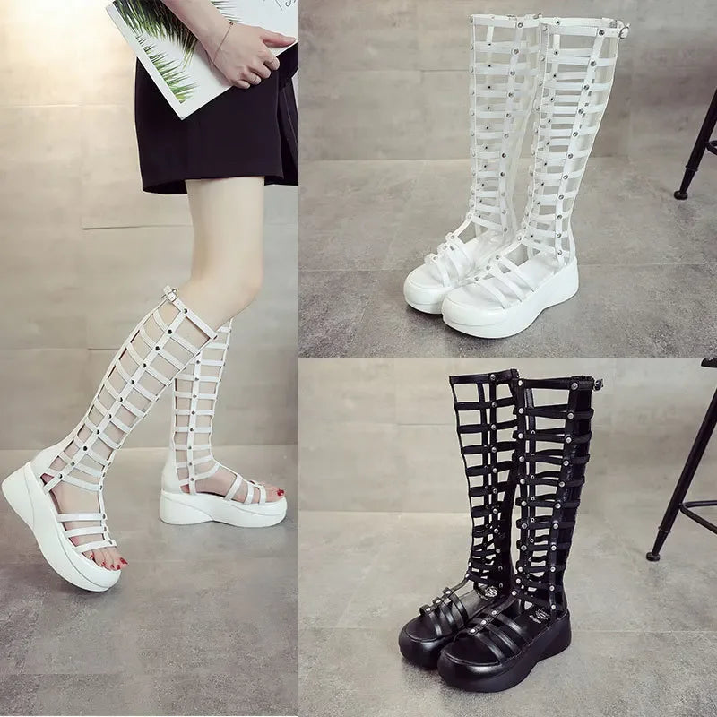 2022 Women's Summer Boots Women Shoes Fashion Cutout High Top Sandals Breathable Striped Roman Shoes Platform Boots Thigh High