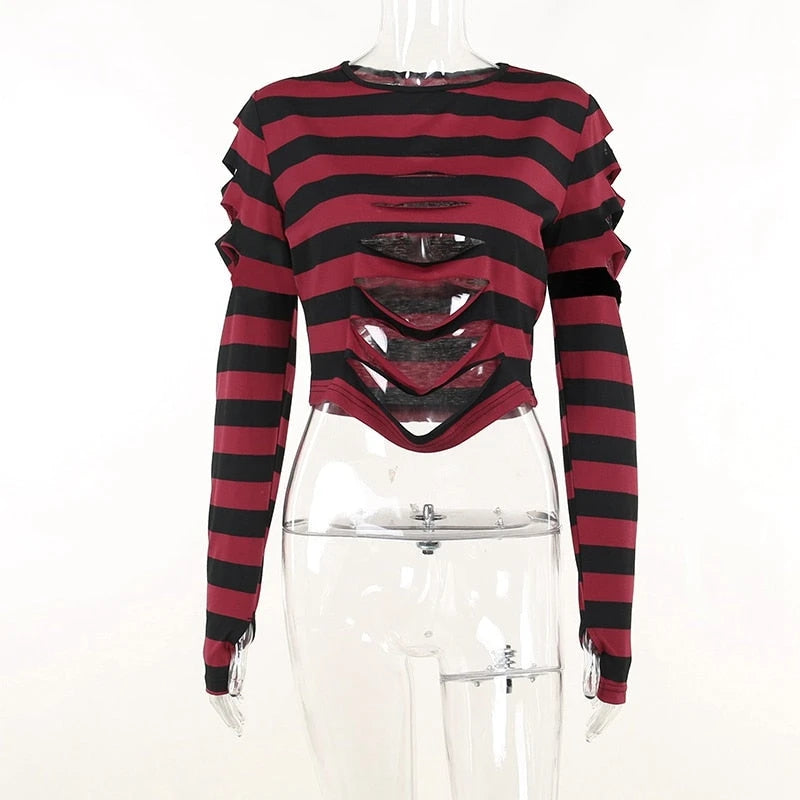 Harajuku Punk Style Crop Tops Dark Academia Striped Hollow Out T Shirt Cyber Mall Goth E-girl Long Sleeve Tees Grunge Clothes