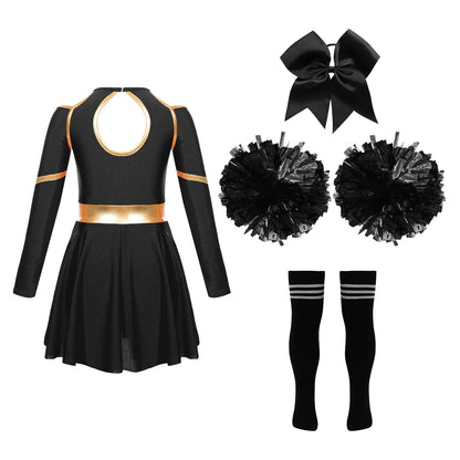 Kids Girls Cheerleader Costume Halloween Cheerleading Dress with Pom Poms Bow Hair Clip Socks Birthday Party Gifts