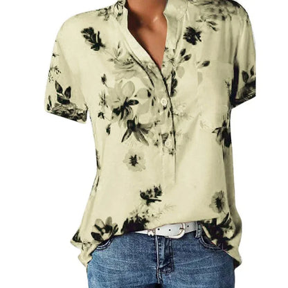 Elegant women's shirt printing large size casual shirt fashion V-neck short-sleeved shirt blouse