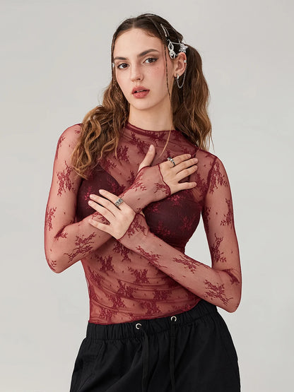 Sexy Lace Tops See Through Mesh Long Sleeve Crop Top Floral Sheer Fitted Tees Y2k Women Top Shirt Blouse