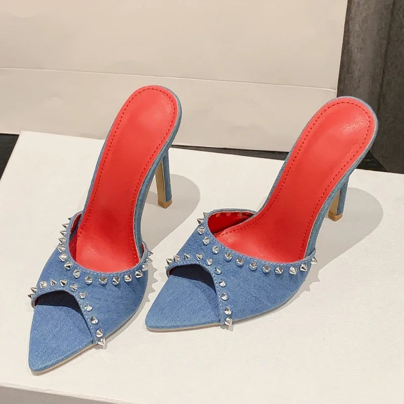 Denim Design Rivet Slippers Women Pointed Toe Slide Shoes Fashion Party Prom Stiletto Thin Heels Sandals