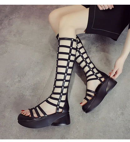 2022 Women's Summer Boots Women Shoes Fashion Cutout High Top Sandals Breathable Striped Roman Shoes Platform Boots Thigh High