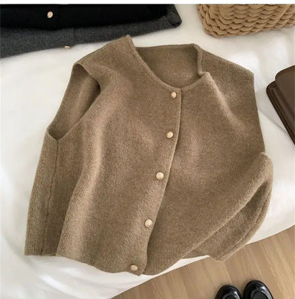 C.New S Autumn New Women Cardigan Korean Elegant Knitted Sleeveless Female Casual Sweater Tanks Slim Fashion Ladies Casual Tops