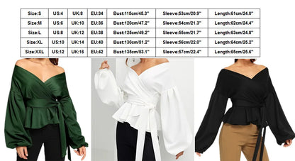 Fashion Elegant White Blouses Shirt Women's Sexy Off Shoulder V Neck Party Clothes For Women Lantern Sleeves Lace Up Slim Tops