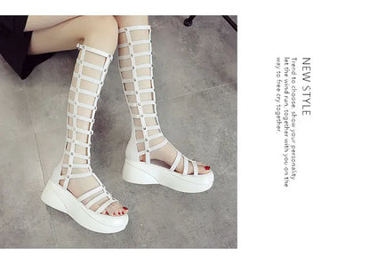 2022 Women's Summer Boots Women Shoes Fashion Cutout High Top Sandals Breathable Striped Roman Shoes Platform Boots Thigh High