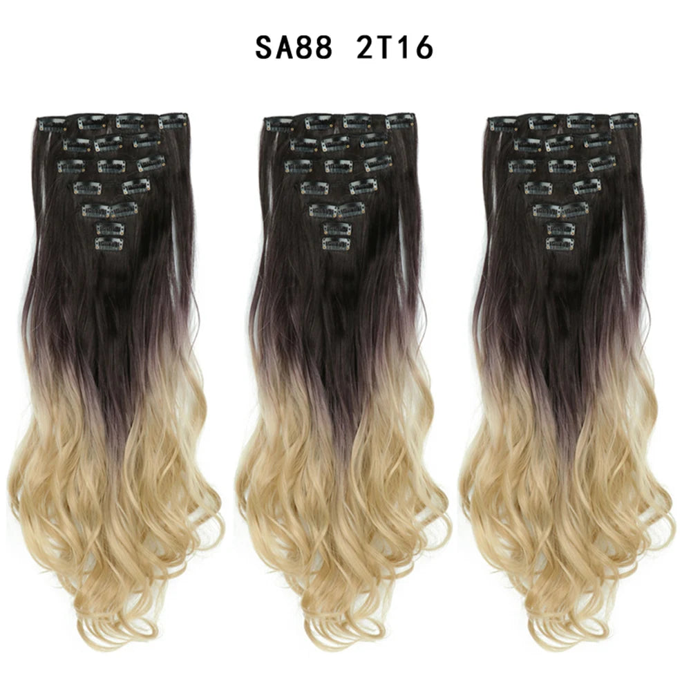 LINWAN Hair 22inch Ombre Hair Long Curly Hair Extension 16 Clips High Tempreture Synthetic Hairpiece Clip In Hair Extensions