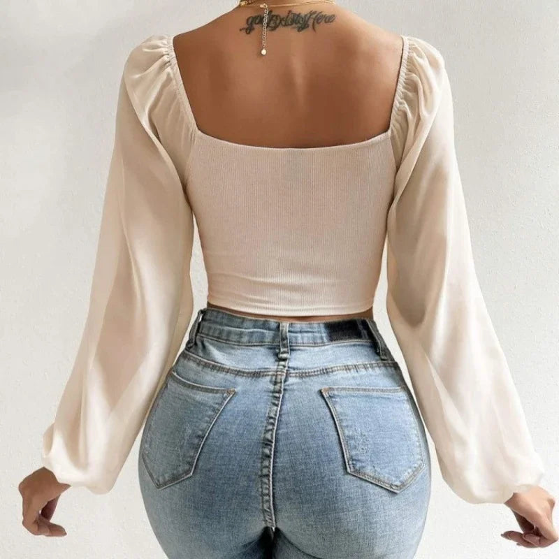 Sexy Women Mesh Lantern Sleeves Drawstring Wrap Chest Bare Midriff T Shirt Women Long Sleeves Bottoming