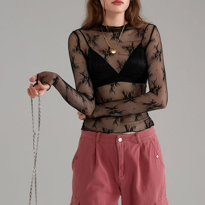 Sexy Lace Tops See Through Mesh Long Sleeve Crop Top Floral Sheer Fitted Tees Y2k Women Top Shirt Blouse