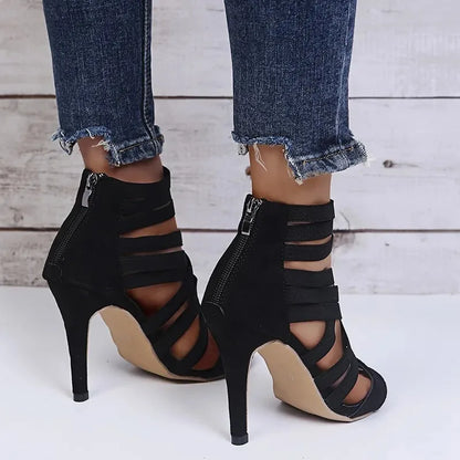 Sexy Peep Toe Elastic Band Cross Women High Heels Sandals Summer New Back Zipper Cover Heeled Gladiator Shoe Pump Black