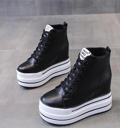 quality leather Genuine Platform Women Spring Autumn High Heels Wedges Black White  Sneakers Casual walking shoes