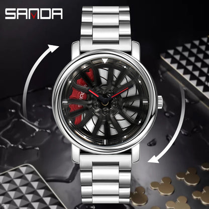 Sanda Hot Sell Fashion Sports Men WristWatch 360 Degree Rotating Car Wheel Quartz Watch Stainless Steel Waterproof Rim Hub Clock