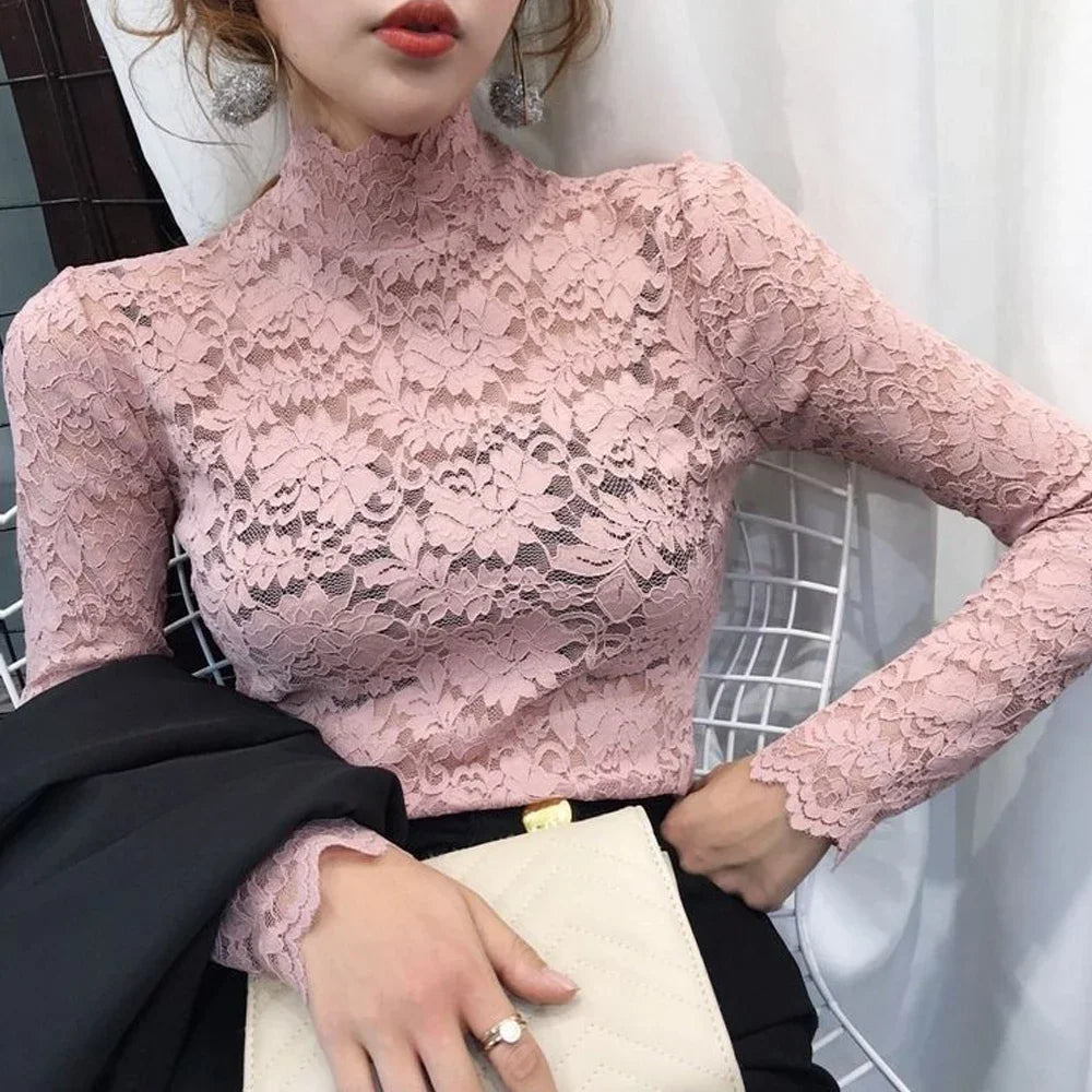 Stretch Floral Lace Petal Sleeve Shirt Women's Long Sleeved S-3XL T Shirt Ladies Perspective Blouse Tops Sexy Lace Tees Clothing