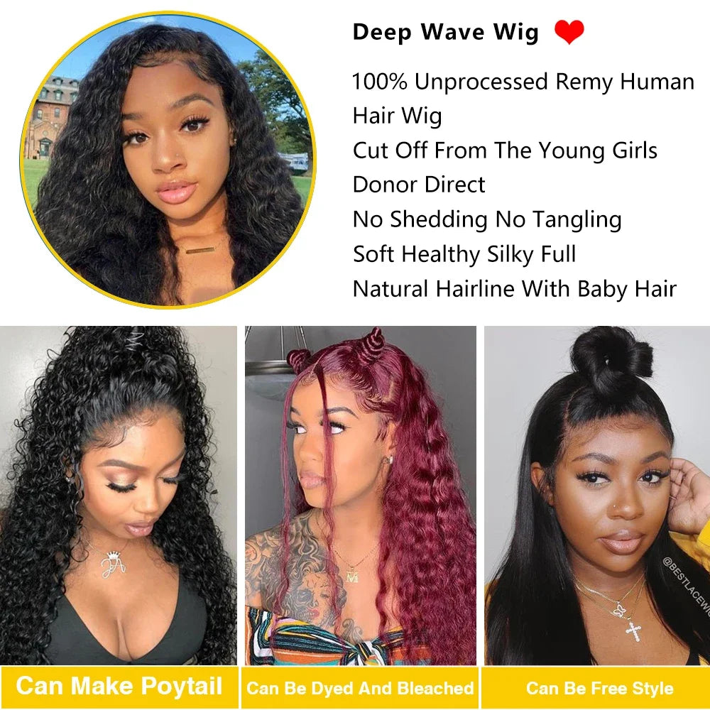 HD Transparent Deep Wave Frontal Wig 13x4/13x6 Curly Lace Front Human Hair Wigs For Women Wet And Wavy Water Closure Wig