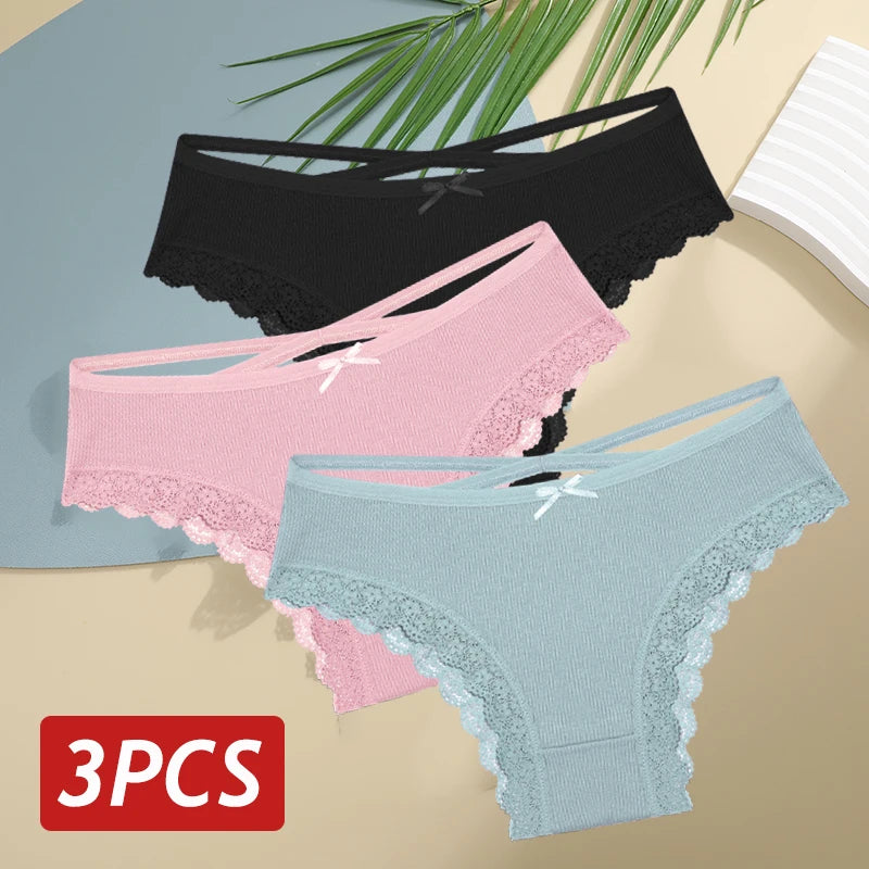 3PCS/Set Women Cotton Panties Sexy Low Rise Lace Brazilian Panties Hollow Out Soft Breathable Lingerie Female Bow Underwear S-XL