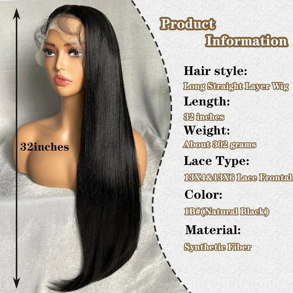 X-TRESS Long Straight Layered Wigs 13X4 Lace Frontal Free Part Synthetic Hair Wig with Baby Hair For Women 32inch Black Colored