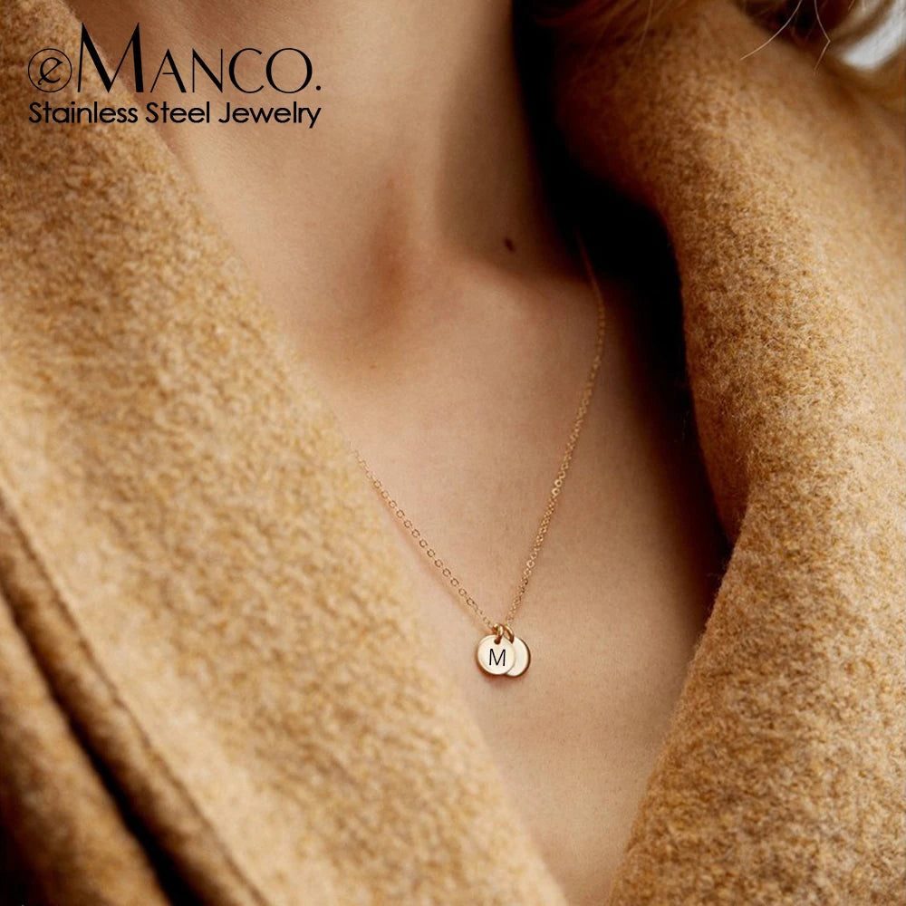 eManco 6mm Initial Letter Customized Name Necklace Stainless Steel Choker Women Disc Pendant Necklaces Women Men Family  Jewelry