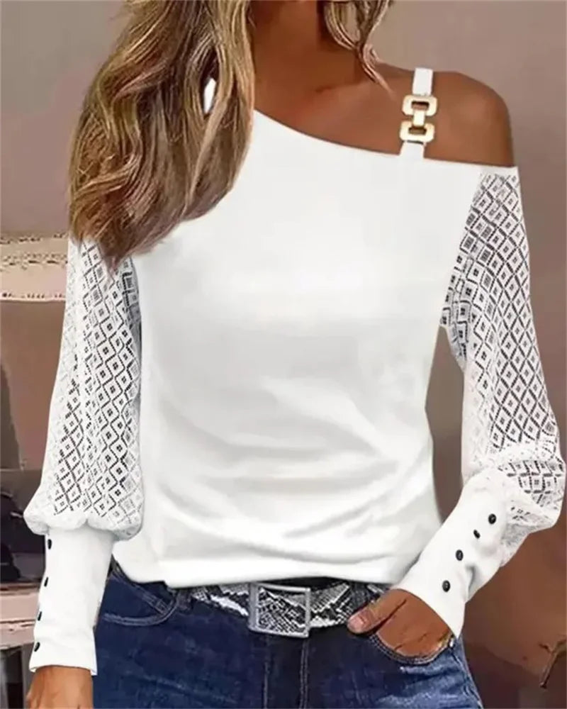 Women Fashion Long Sleeve Blouse Off Shoulder Sexy Shirts For Women Autumn Loose Pullover Elegant Blouse 2024 Casual White Tops