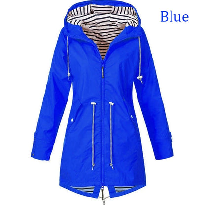 Fashionable women's windproof and waterproof trench coat Long sleeved coat Casual pants Zipper hooded raincoat S~5XL