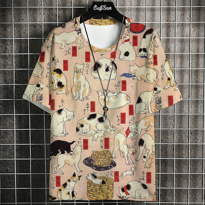 Japanese Style Men's T-Shirt Ukiyo-e Painting Animal Printed Tees Casual Loose Short Sleeve T-shirts Oversized Men Clothing Tops