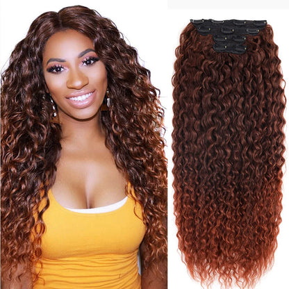 Synthetic Curly Clip-In Hair Extensions For Women Weave 4PCS Full Head Organic Fake Hair Ombre Brown Blonde Thick Hairpieces