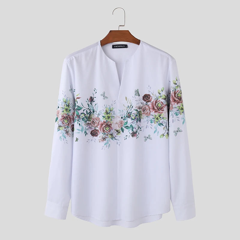 Men Shirt Floral Printing V Neck Long Sleeve Loose Streetwear Casual Men Clothing 2023 Fashion Leisure Camisas S-5XL INCERUN