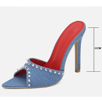 Denim Design Rivet Slippers Women Pointed Toe Slide Shoes Fashion Party Prom Stiletto Thin Heels Sandals