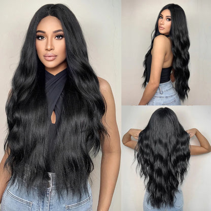 ALAN EATON Black Long Body Wavy Synthetic Wigs for Women Afro Natural Black Hair Wigs Middle Part Heat Resistant Fiber Daily Use