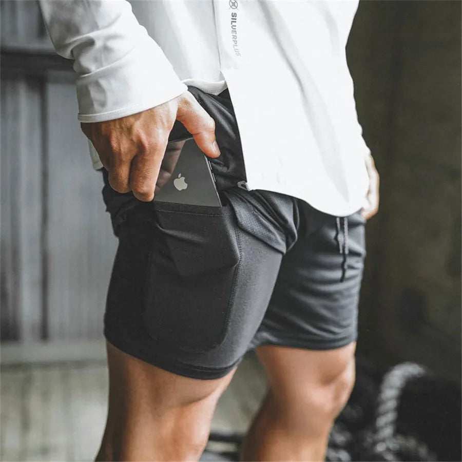 Men Sport Shorts  Sportswear Double-deck Running Shorts 2 In 1 Beach Bottoms Summer Gym Fitness Training Jogging Short Pants Men