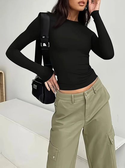 Female commuter casual female simple and fashionable solid color t-shirt with long sleeves