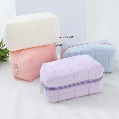 Cute Plush Makeup Bag for Women Zipper Large Solid Color Cosmetic Bag Travel Make Up Toiletry Bag Washing Pouch Plush Pen Pouch