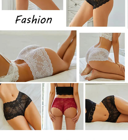 3PCS Women Floral Lace Panties Sexy Perspective Underwear V Waist Solid Color Underpants Female Breathable Intimates Lingerie