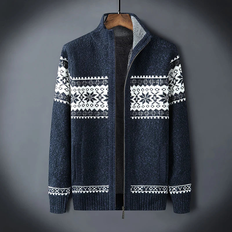 2021 Winter Sweater Male Thicken Fleece Men Cardigan Cotton Knitted Jacquard Men's Sweater coat Size S -3XL