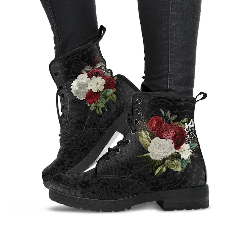 Women Ankle Boots Low Heels Shoes Woman Vintage PU Leather Autumn Warm Winter High Snow Boots 2022 Skull Flower Print Boots