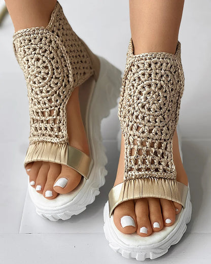 gold Knitted Woolen Sandals woman summer 2025 New Braided Elastic Shoes Mesh Flat Bottom Hollow Out Female Sandals Mujer