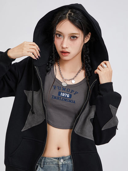 Y2K Vintage Star Print Hooded Hoodie for Women Casual Loose Long Sleeve Zip Up Drawstring Sweatshirts Autumn Spring Coat Street