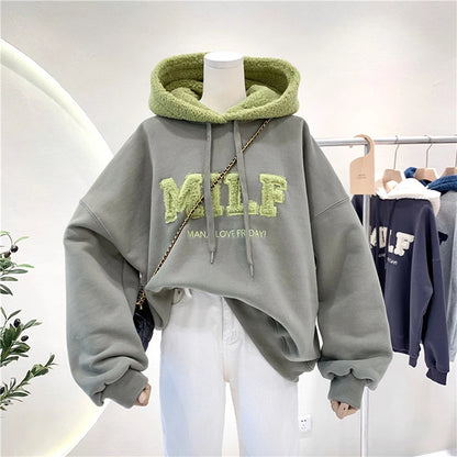 Fashion Patchwork Oversize Sweatshirt Women Winter Casual Loose Cotton Thick Letter Long Sleeve Hoodies Female Streetwear