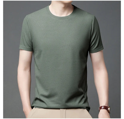 Short sleeved Polo shirShort sleeved Waffle Solid Polot fashion splicing men's round neck top cotton daily short sleeved T-shirt