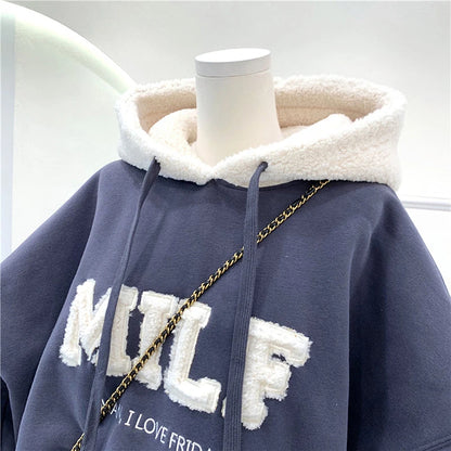 Fashion Patchwork Oversize Sweatshirt Women Winter Casual Loose Cotton Thick Letter Long Sleeve Hoodies Female Streetwear