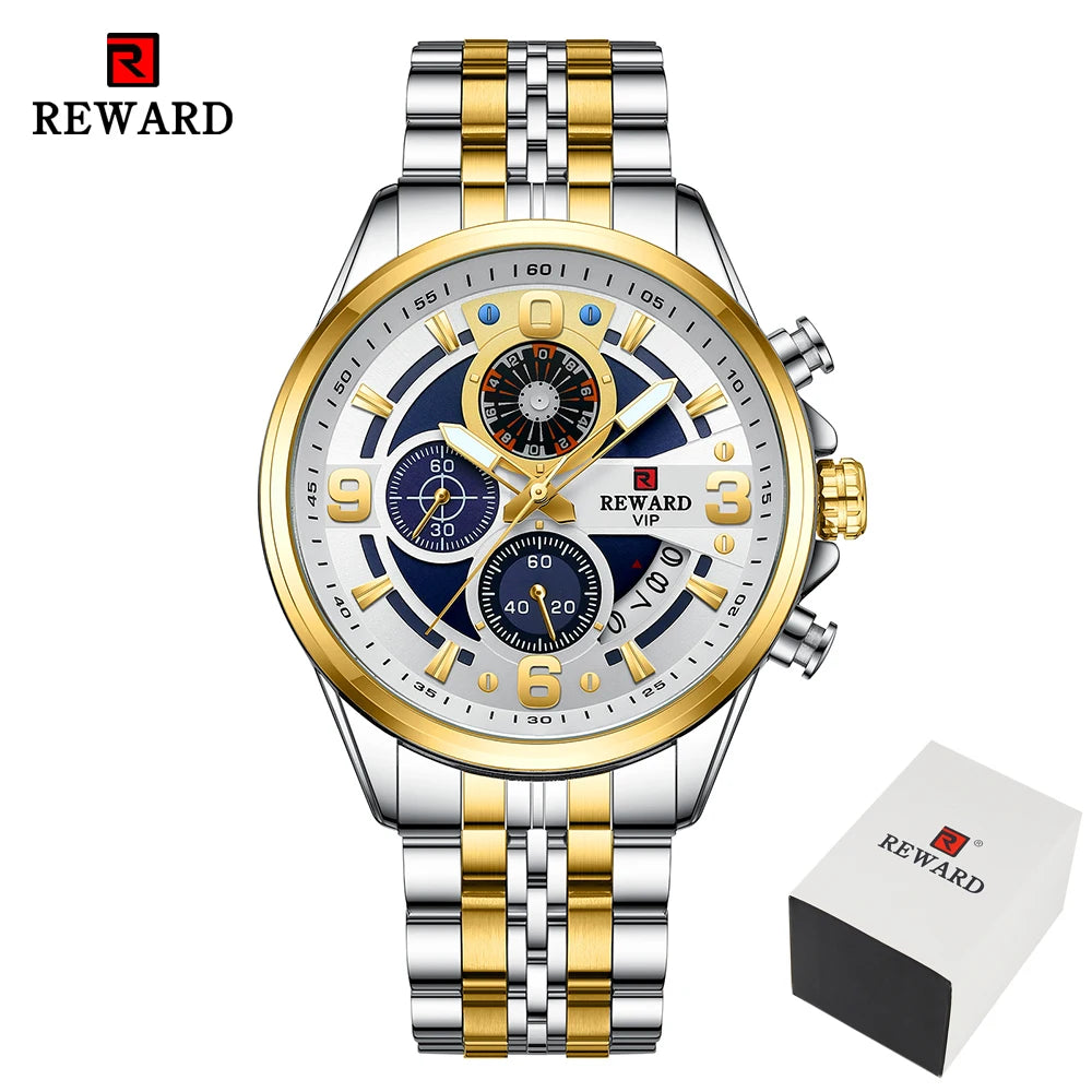 REWARD New Mens Watches Stainless Steel Luxury Waterproof Chronograph Luminous Wrist Watch Fashion Men Sports Quartz Watch