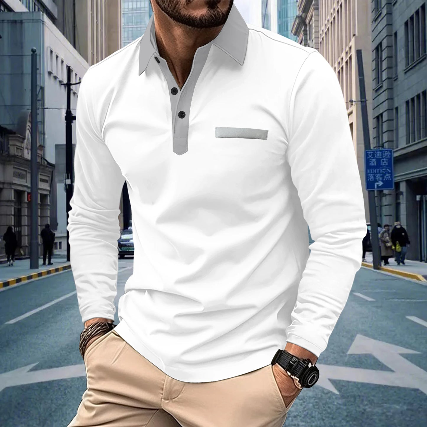 Men's long sleeve POLO shirt High quality Polo shirt four seasons casual ribbed long sleeve T-shirt black and white T-shirt S-3X