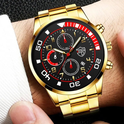 3PCS Set Fashion Mens Calendar Watches Male Casual Stainless Steel Quartz Watch Men Necklace Bracelet Wristwatch Reloj Hombre