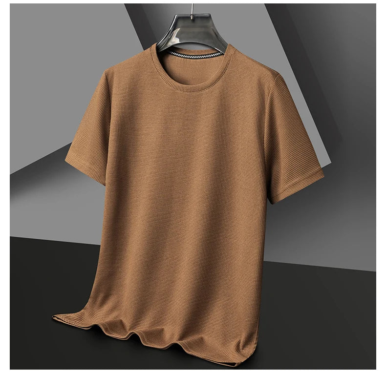 Short sleeved Polo shirShort sleeved Waffle Solid Polot fashion splicing men's round neck top cotton daily short sleeved T-shirt